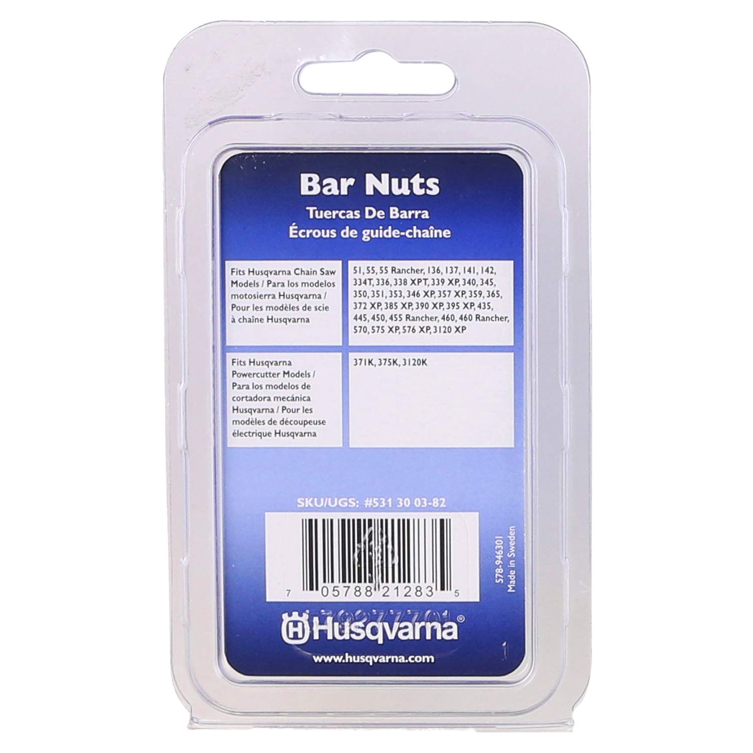 Husqvarna bar nuts 4-pack in clamshell packaging for easy access.