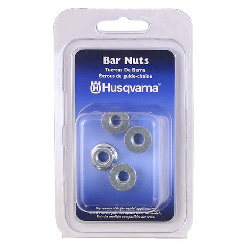Husqvarna chainsaw bar nuts 4-pack in clamshell for quick replacement.