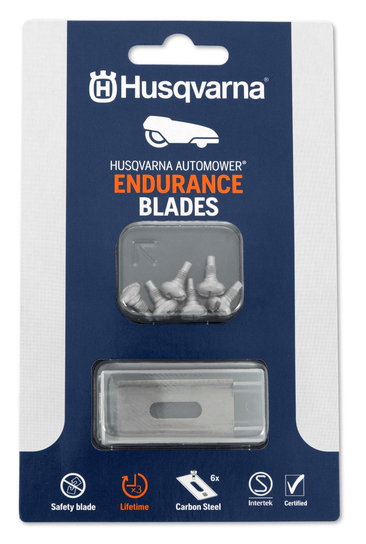 Husqvarna Endurance blades six-pack front view, compatible with all Automower models