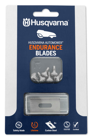 Husqvarna Endurance blades six-pack front view, compatible with all Automower models