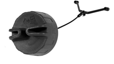 Husqvarna fuel cap with retainer close-up showing secure seal for easy refueling.