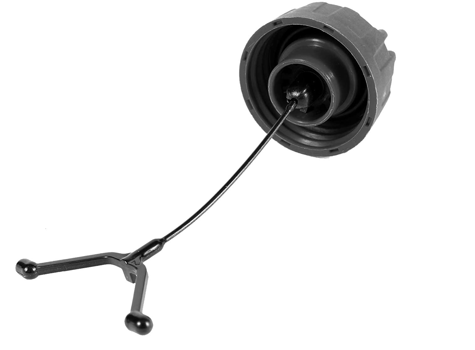 Husqvarna fuel cap with retainer on compatible trimmer model for quick maintenance.