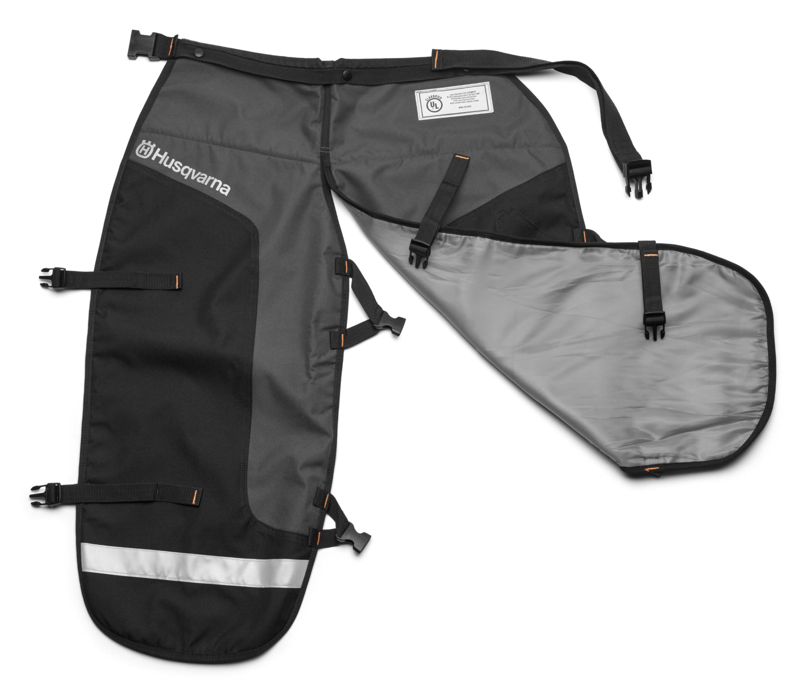 Pull-apart design on Husqvarna chaps slows a rotating chain during cutting.