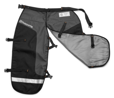 Pull-apart design on Husqvarna chaps slows a rotating chain during cutting.