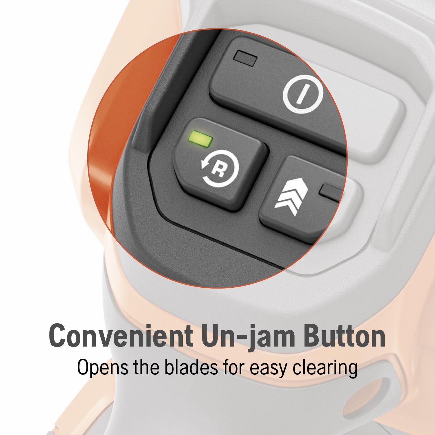 Un-jam button on the Husqvarna Hedge Master 320iHD60 simplifies clearing jams
