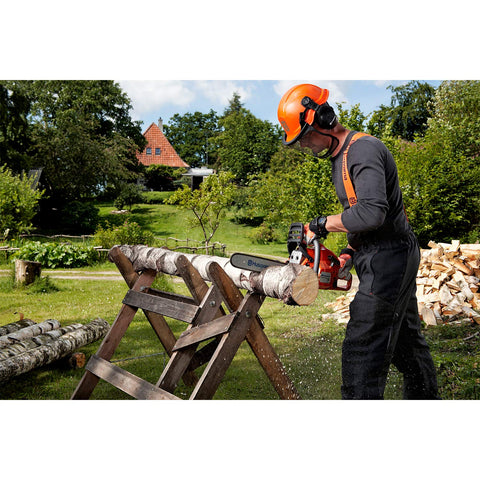 Husqvarna hi-vis orange gear aids quick site identification.