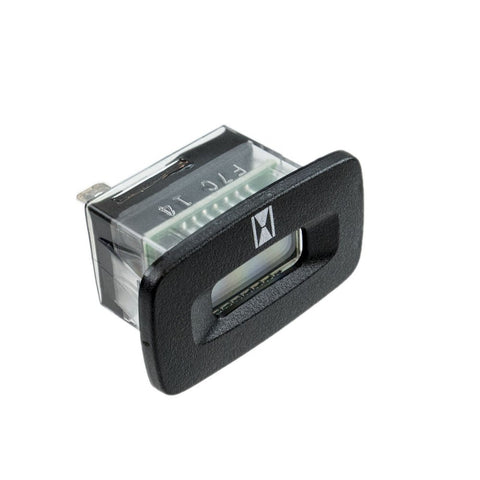 Husqvarna hour-meter gauge on mower for accurate maintenance reminders.