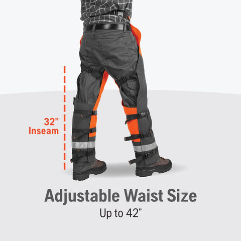 Husqvarna orange safety chaps with a gear pocket for tool access on site