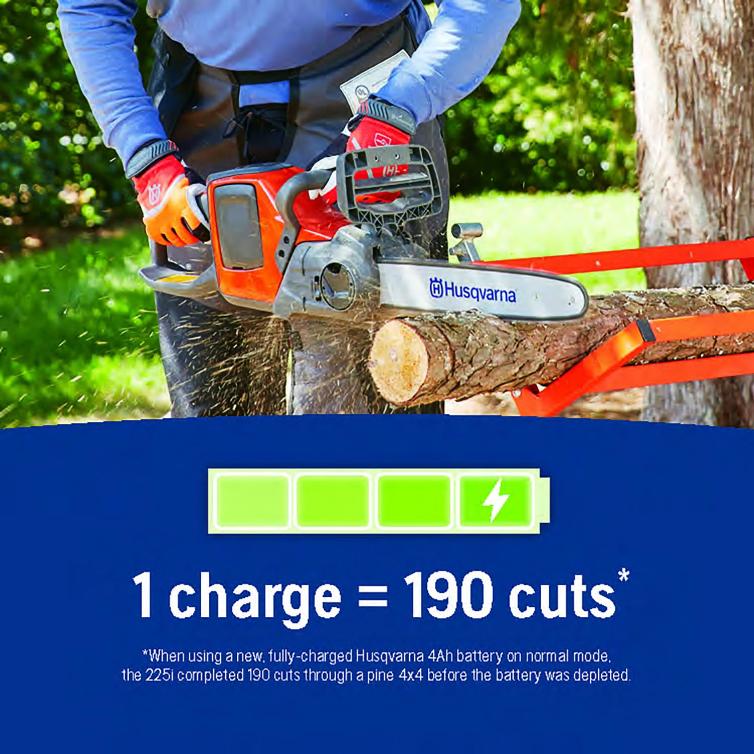Husqvarna Power Axe 225i with 14-inch bar in action for clean cuts.