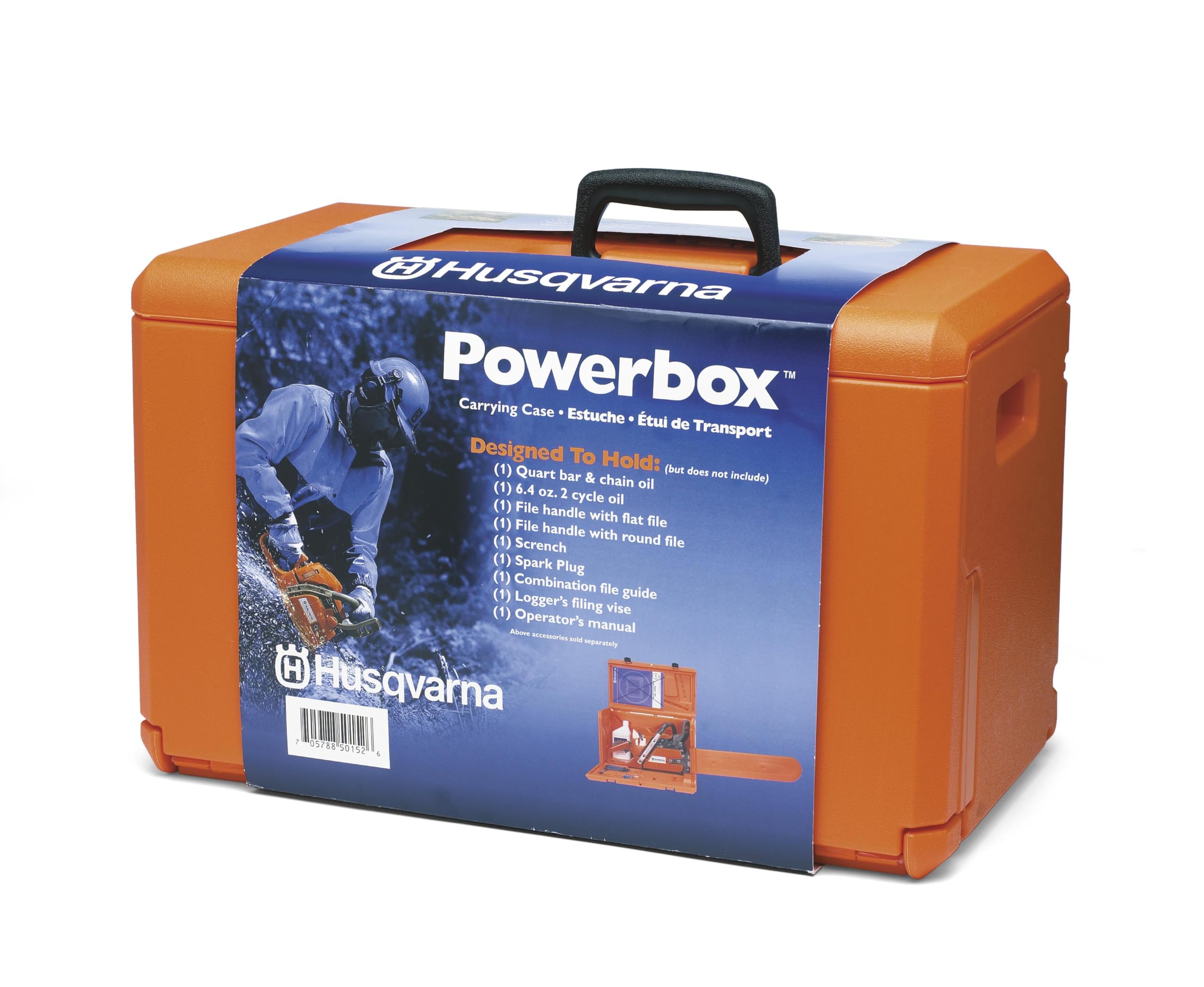 Husqvarna Powerbox carrying case front view showing rugged HDPE shell and sturdy latches