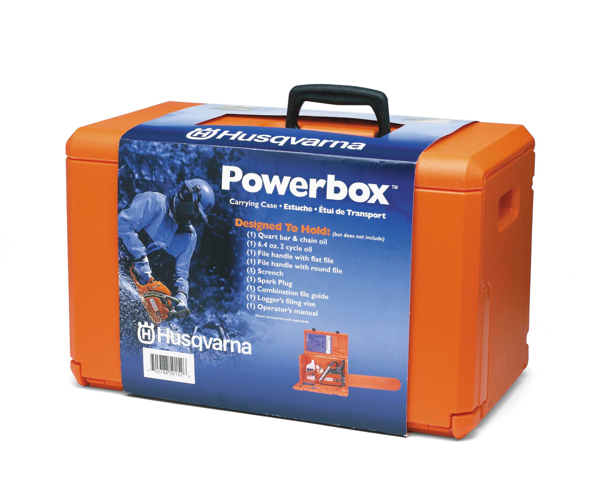 Husqvarna Powerbox carrying case front view showing rugged HDPE shell and sturdy latches