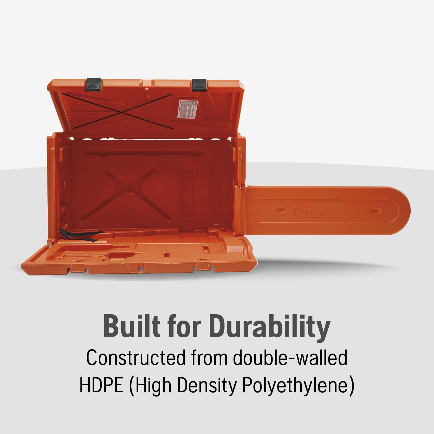 Heavy-duty piano hinge on the Husqvarna Powerbox carrying case