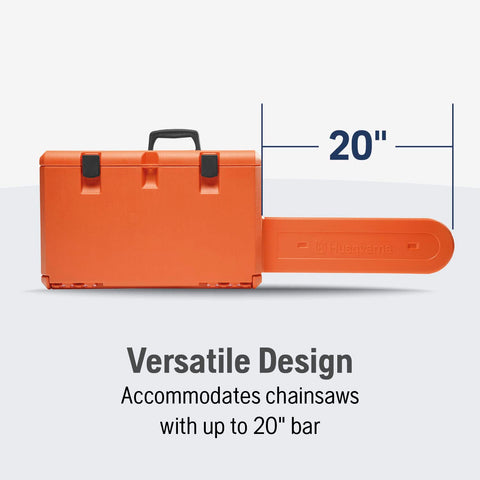 Open interior of Husqvarna Powerbox case with tool chest layout for filing tools and oils