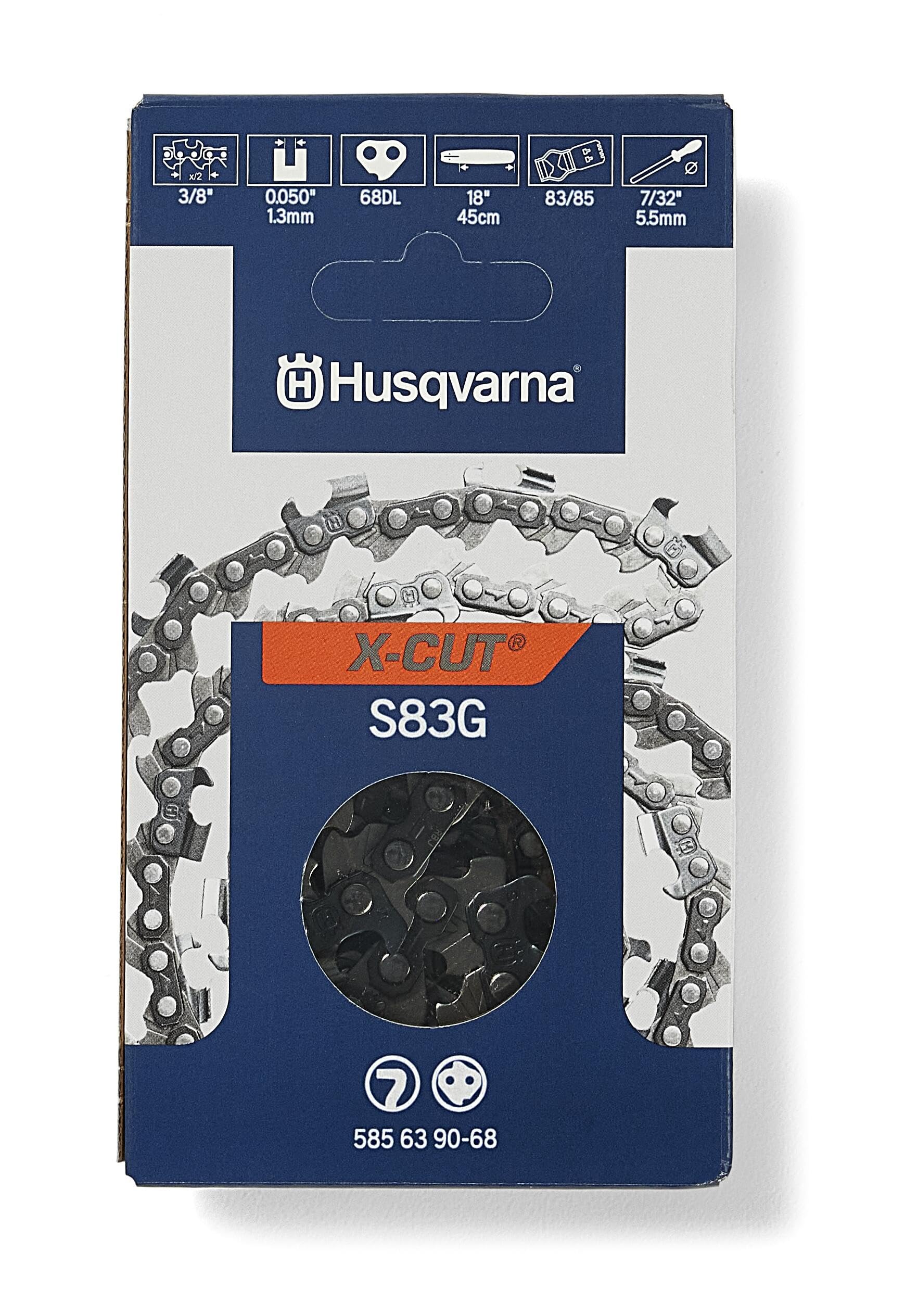 Husqvarna S83G 18-inch chain close-up showing sharp teeth for precise cuts