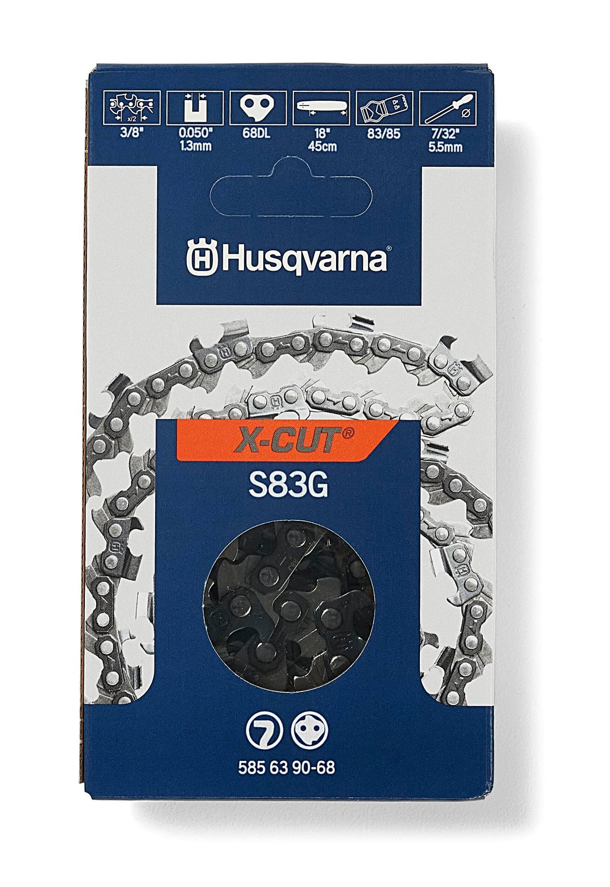 Husqvarna S83G 18-inch chain close-up showing sharp teeth for precise cuts