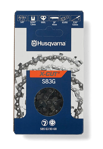 Husqvarna S83G 18-inch chain close-up showing sharp teeth for precise cuts