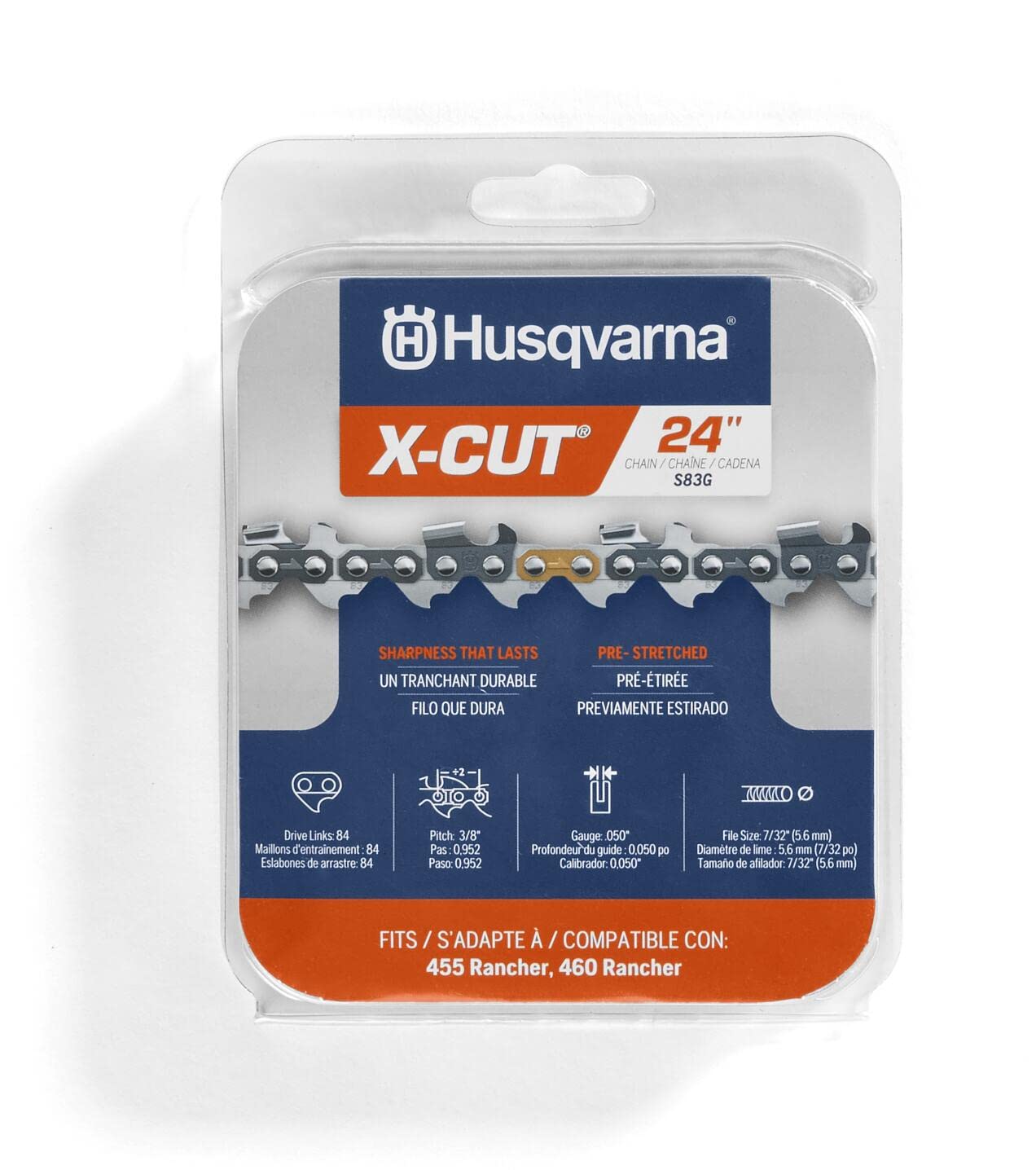 Husqvarna S83G 24in chain on bar showing guarded links for safer operation.