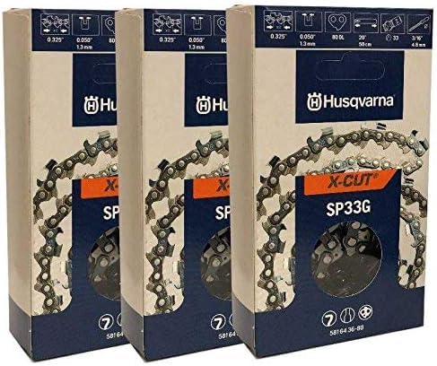 Husqvarna SP33G X-Cut chain closeup showing sharp teeth and precision fit.