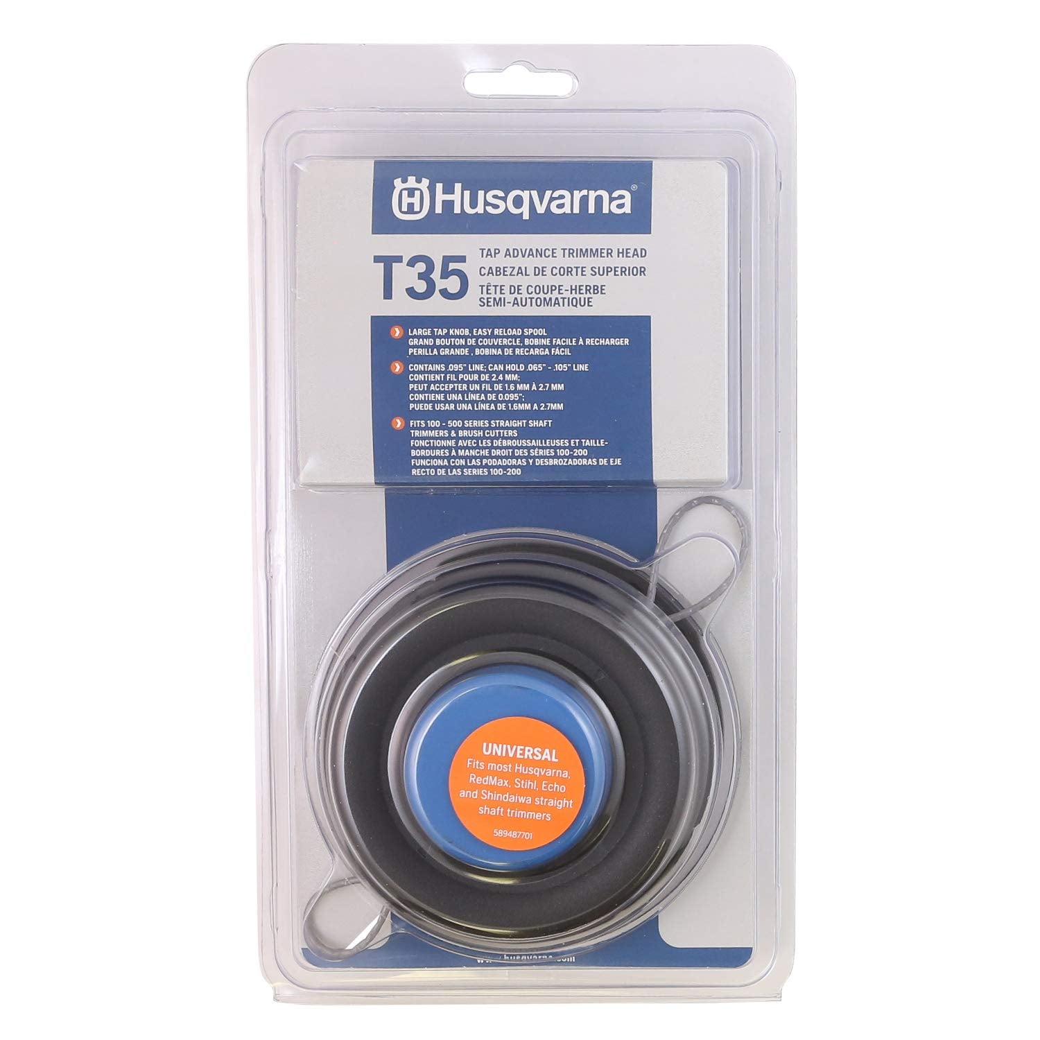 Husqvarna T35 professional Tap Advance spool shows easy reload feature for fast maintenance.
