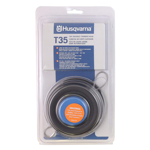 Husqvarna T35 professional Tap Advance spool shows easy reload feature for fast maintenance.