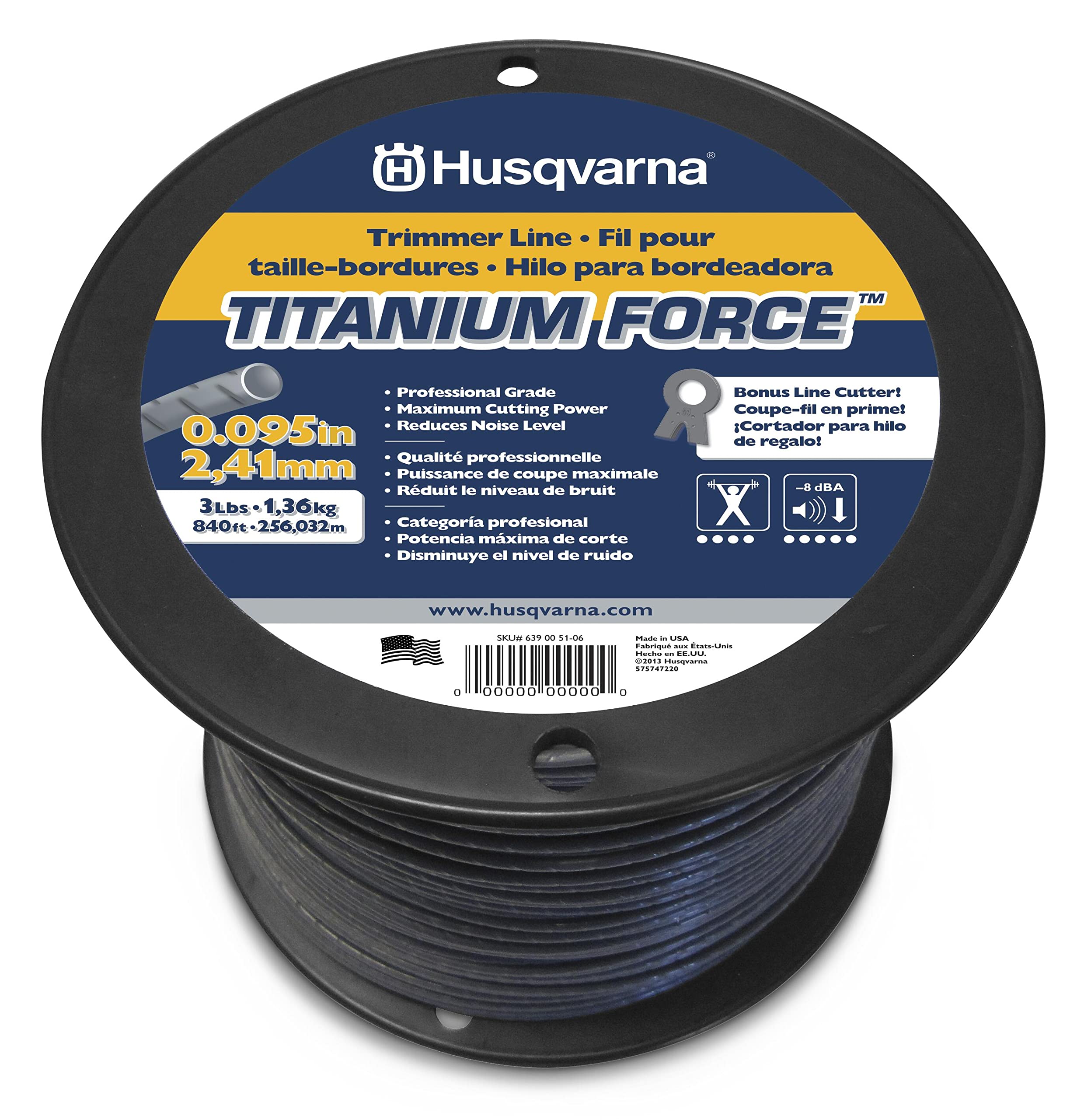 Husqvarna Titanium Force 840-foot spooled line for professional trimming with durable performance and easy compatibility.