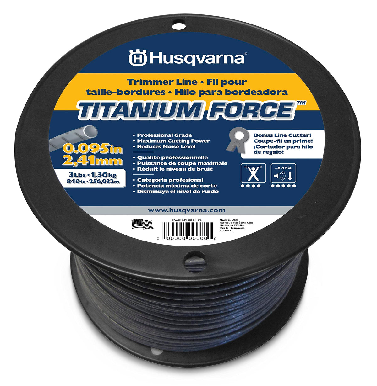 Husqvarna Titanium Force 840-foot spooled line for professional trimming with durable performance and easy compatibility.