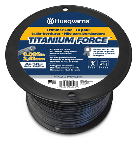 Husqvarna Titanium Force 840-foot spooled line for professional trimming with durable performance and easy compatibility.