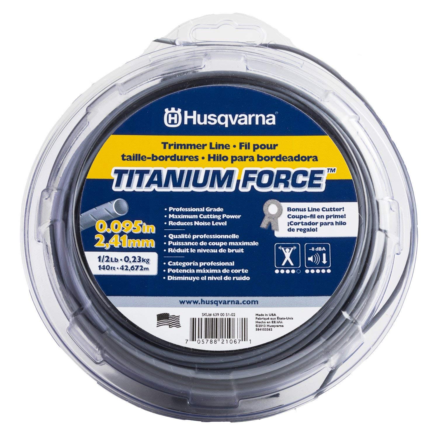 Husqvarna Titanium Force line on a 140-foot spool for durable, quiet trimming