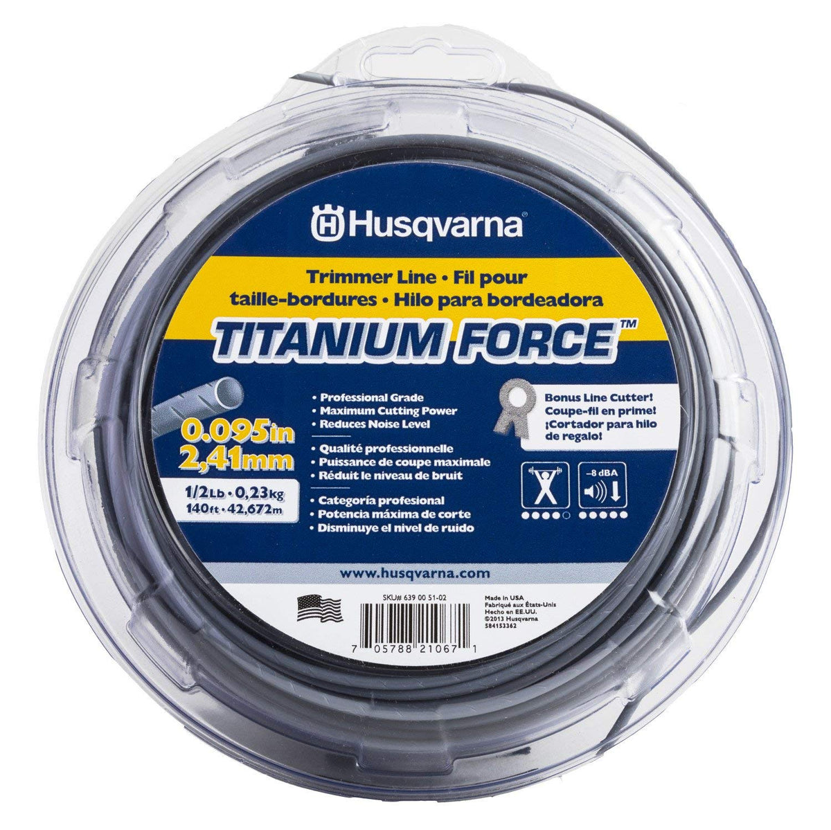 Husqvarna Titanium Force line on a 140-foot spool for durable, quiet trimming
