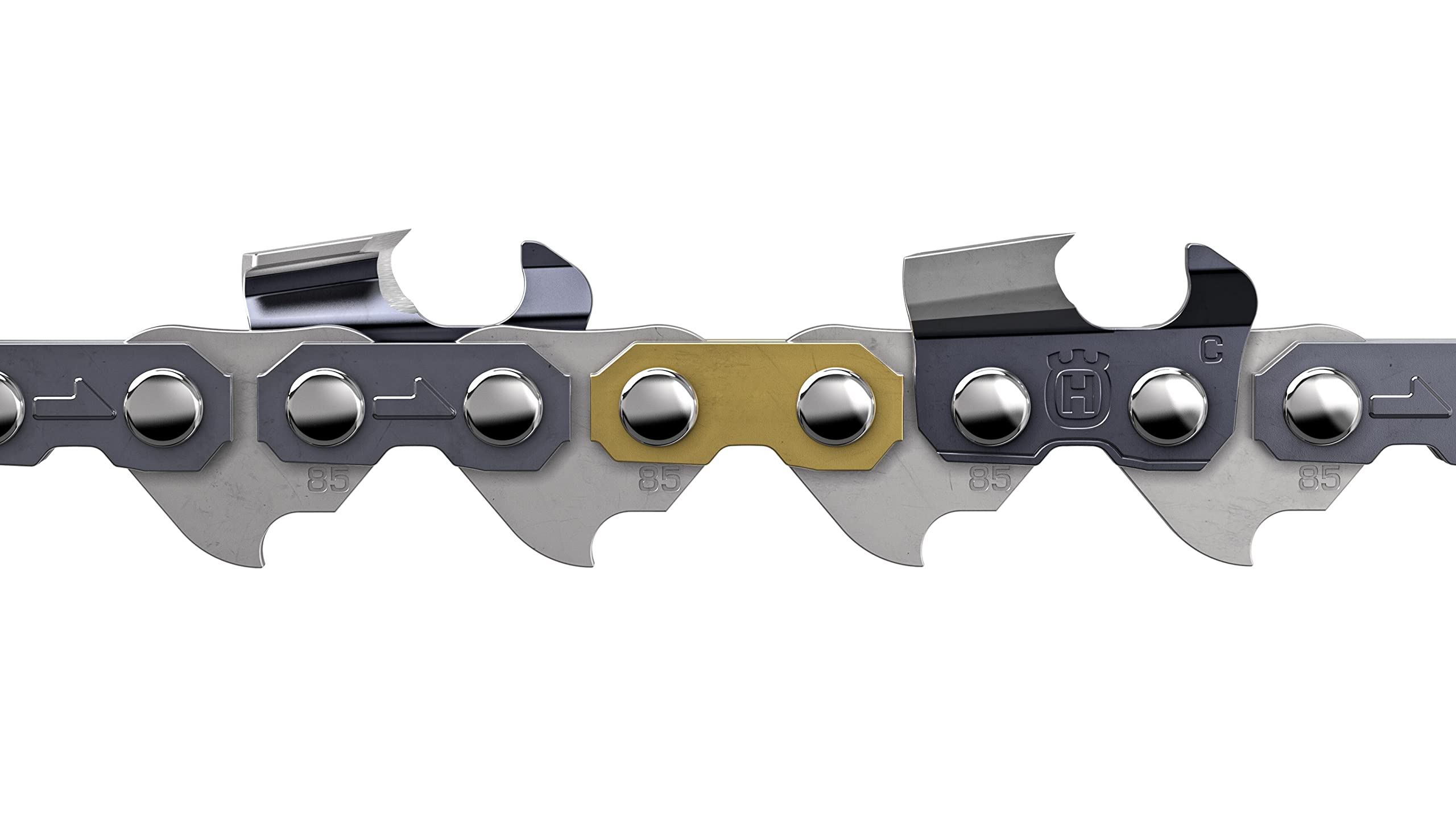 Husqvarna X-CUT C85 20-Inch chain close-up showing precision teeth and durability for clean cuts.