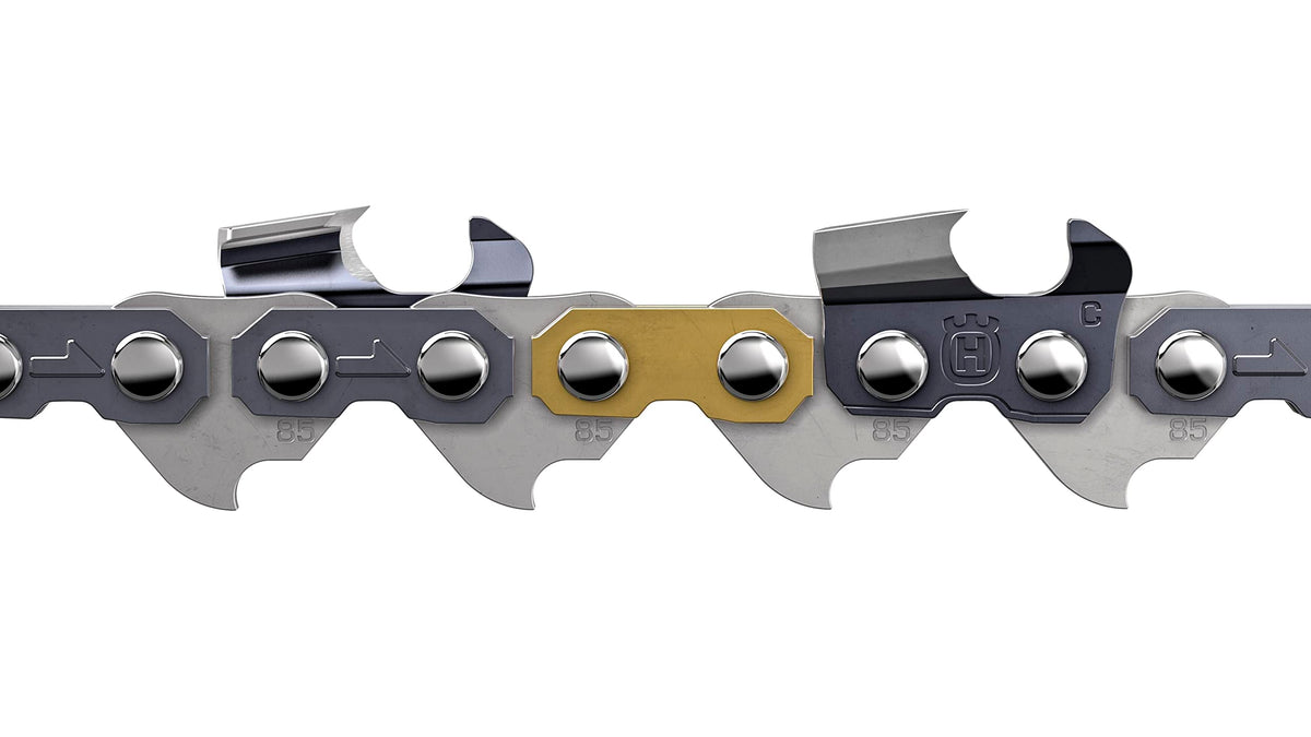 Husqvarna X-CUT C85 20-Inch chain close-up showing precision teeth and durability for clean cuts.