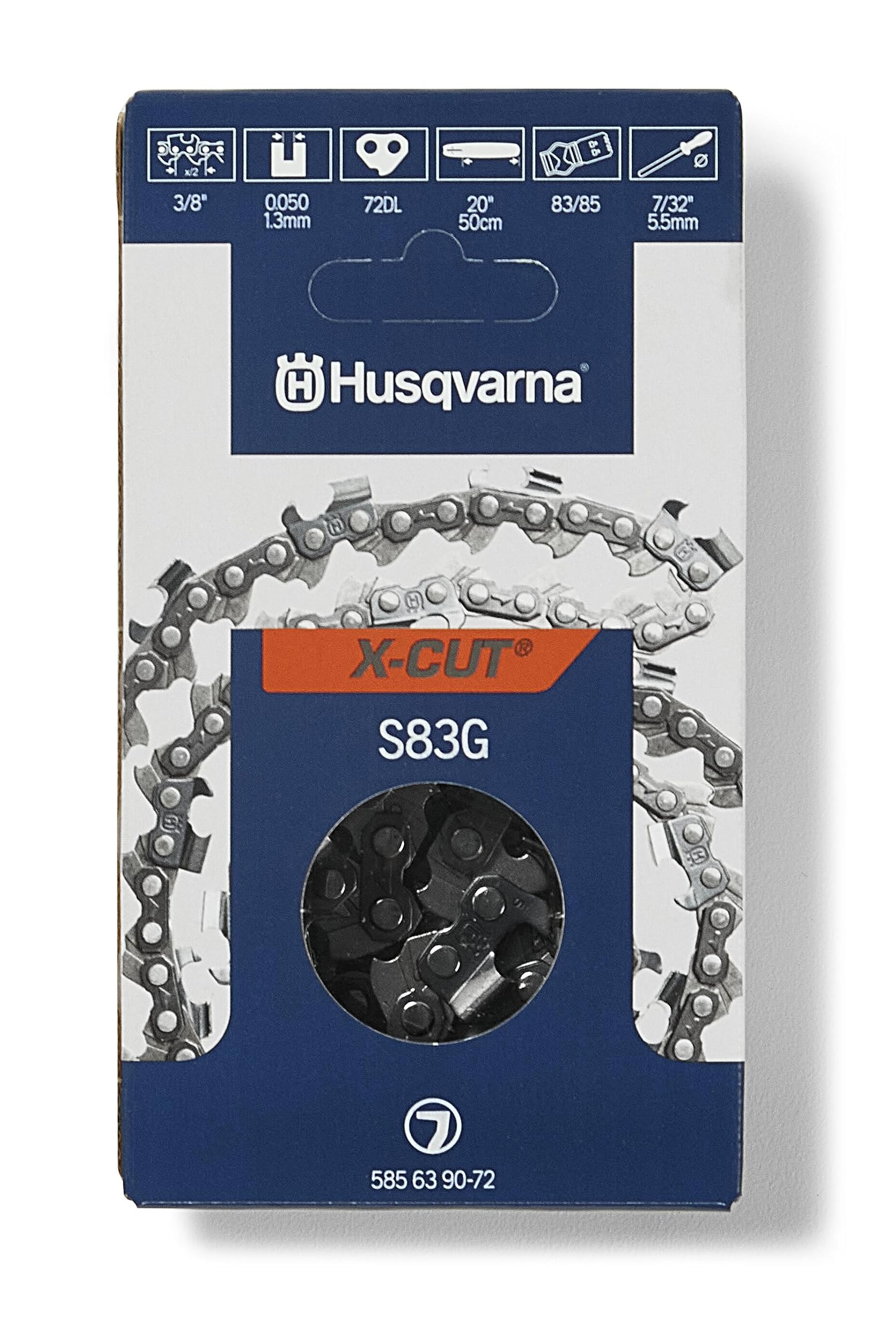Husqvarna X-Cut S83G 20-Inch chain in full view for consistent, high-quality cuts.