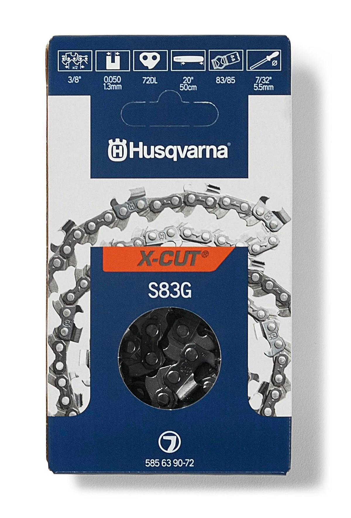 Husqvarna X-Cut S83G 20-Inch chain in full view for consistent, high-quality cuts.