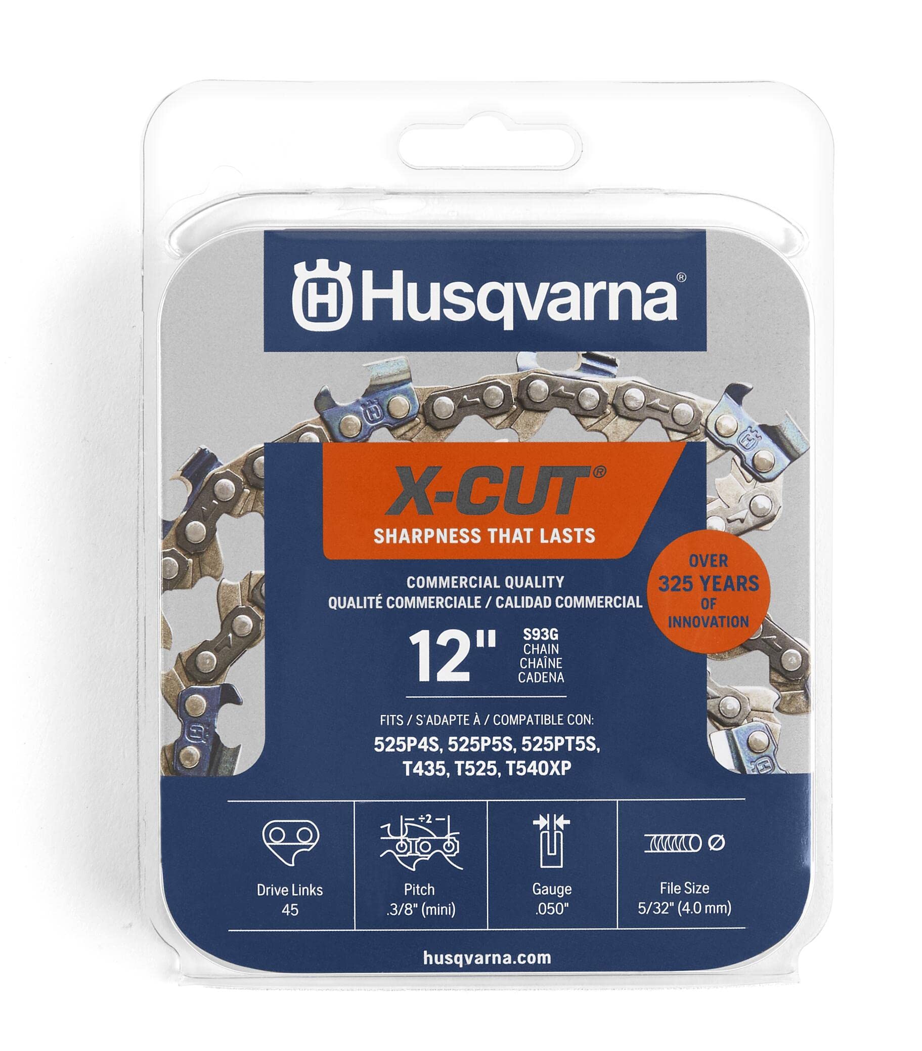 Husqvarna X-Cut S93G 12-inch chain, ready to cut with lasting sharpness.