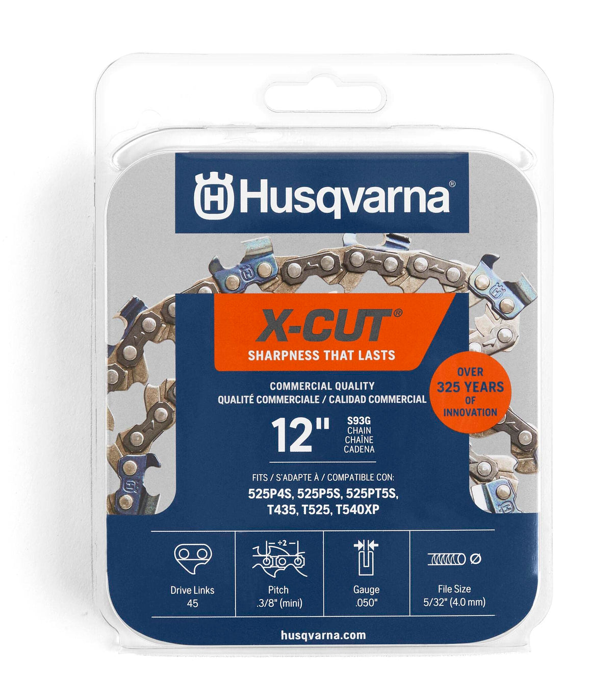 Husqvarna X-Cut S93G 12-inch chain, ready to cut with lasting sharpness.