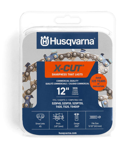 Husqvarna X-Cut S93G 12-inch chain, ready to cut with lasting sharpness.
