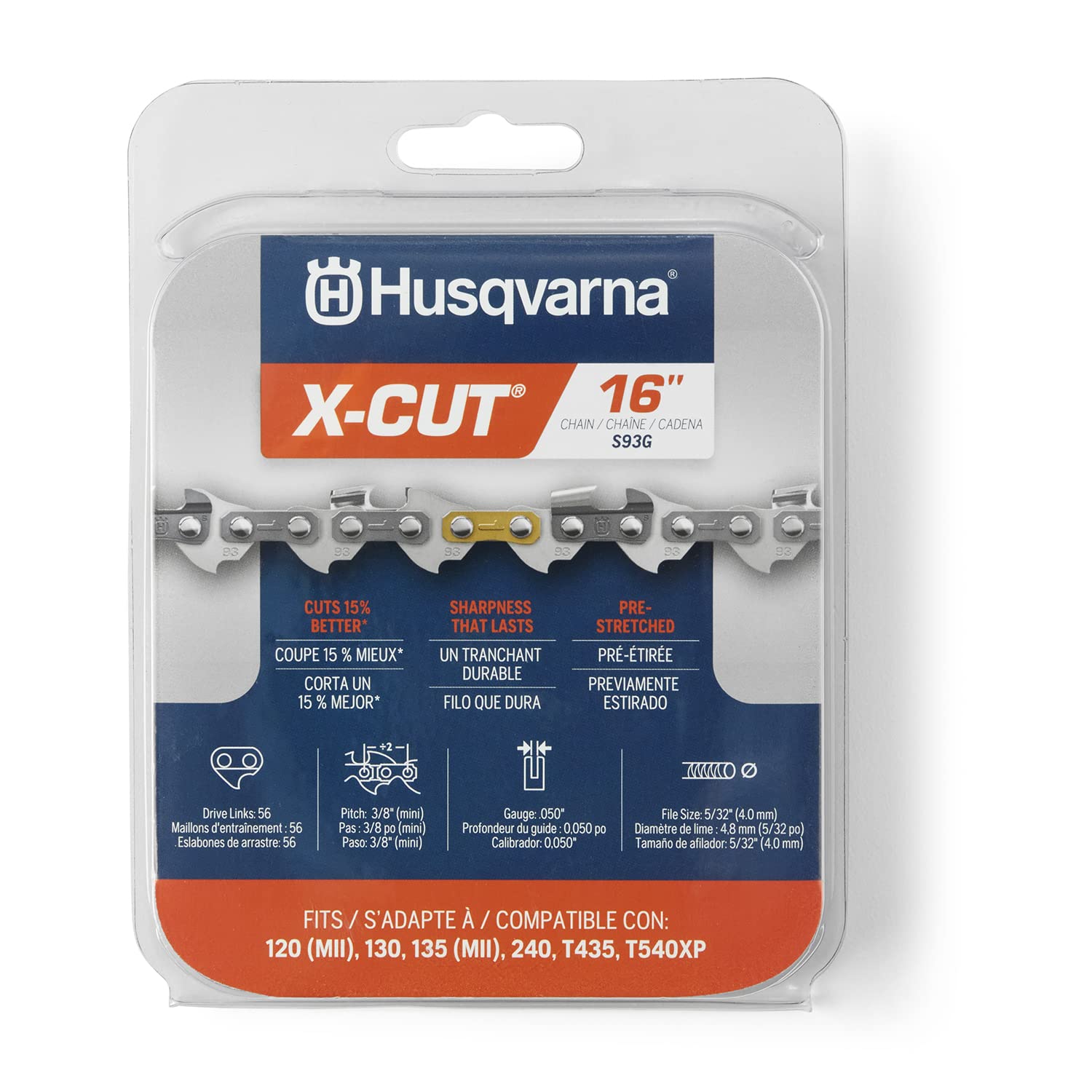 Husqvarna X-Cut S93G 16-inch chain top view for precise cutting in tight spaces.