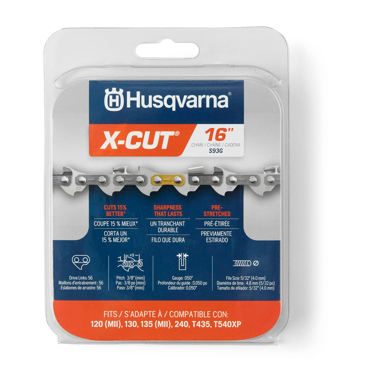 Husqvarna X-Cut S93G 16-inch chain top view for precise cutting in tight spaces.