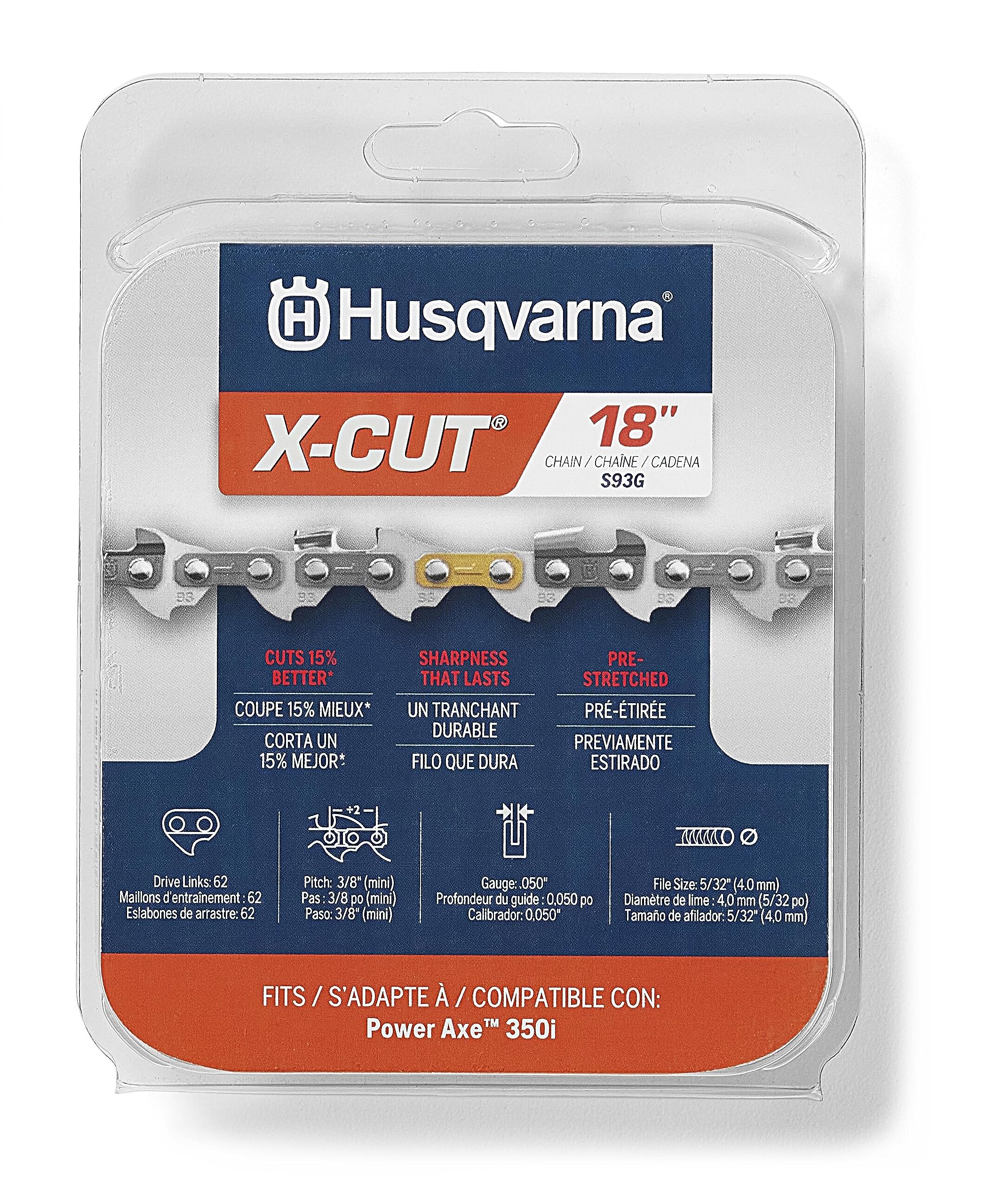 Husqvarna X-Cut S93G 18-inch chain close-up showing 62 drive links for professional cutting.