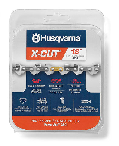 Husqvarna X-Cut S93G 18-inch chain close-up showing 62 drive links for professional cutting.