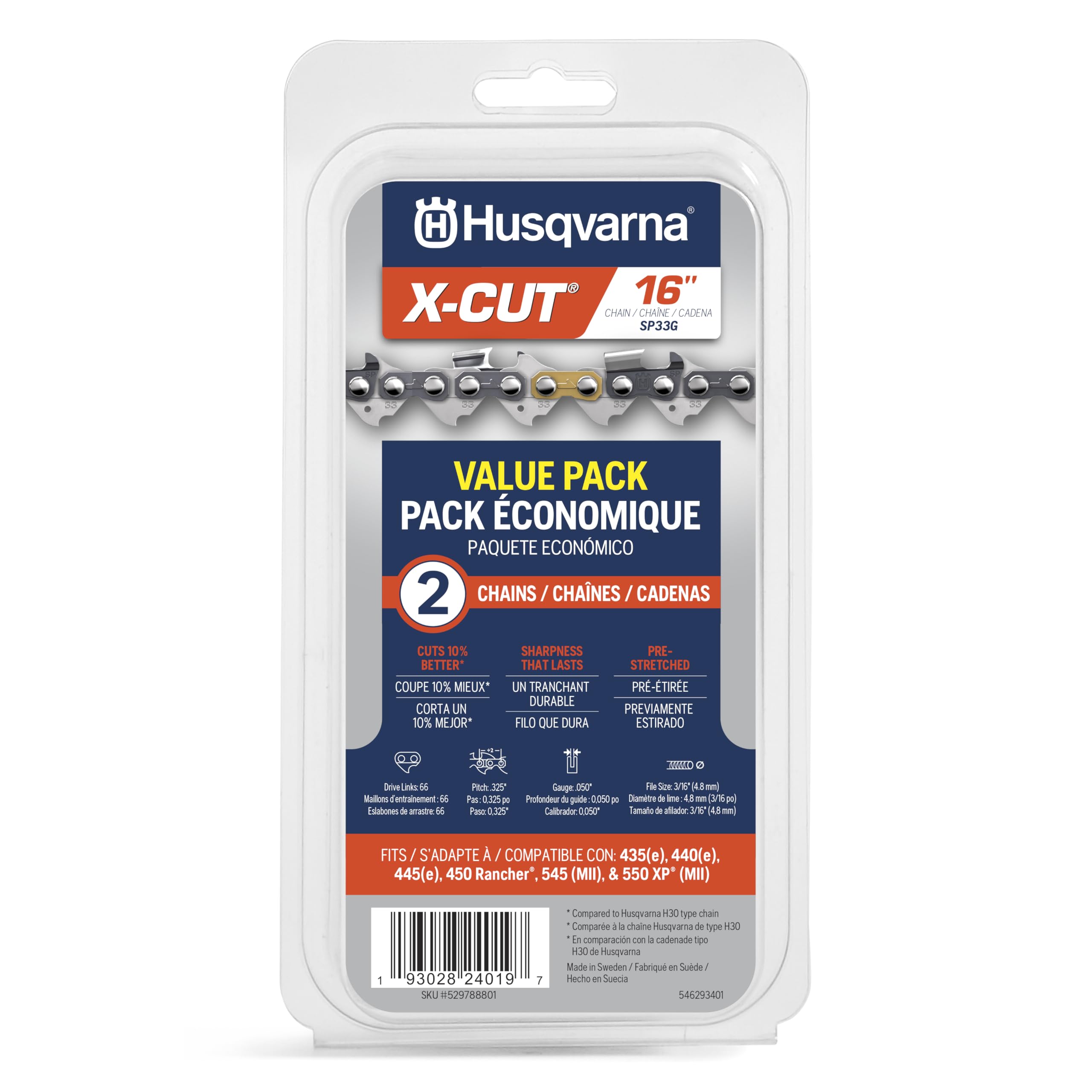 Husqvarna X-Cut SP33G two-pack chain enables precise cuts on 16-inch bars.