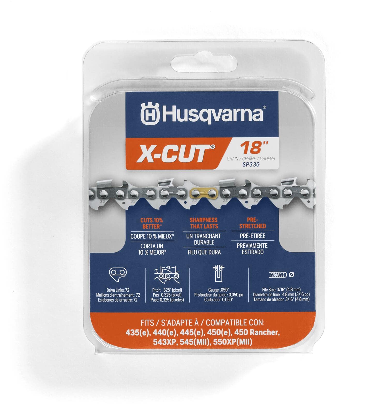 Husqvarna X-Cut SP33G 18-inch chain for precise cuts in tight spaces.