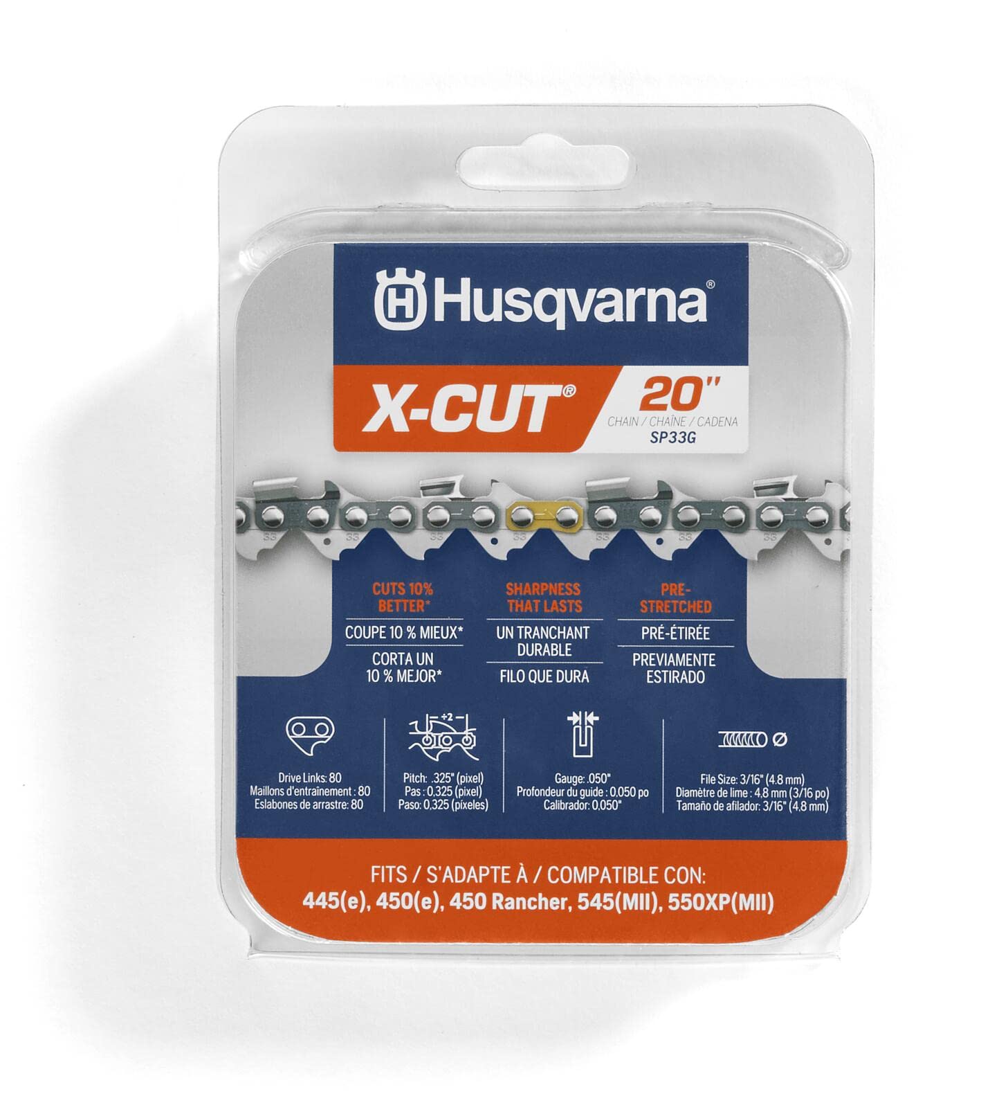 Husqvarna X-Cut SP33G 20-inch chain for durable, precise cutting on professional jobs.