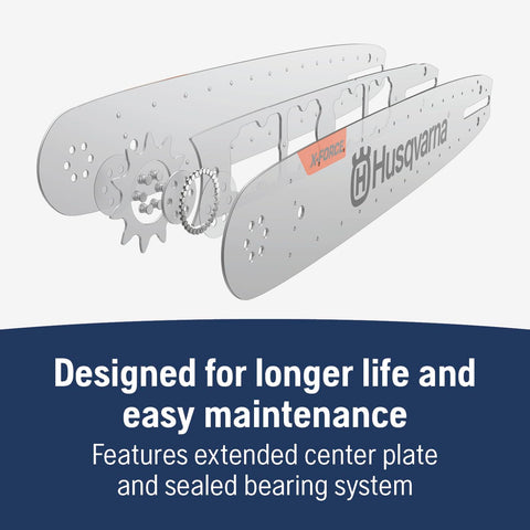 Husqvarna X-Force 20 Inch bar no-grease hole design reducing dirt intrusion.