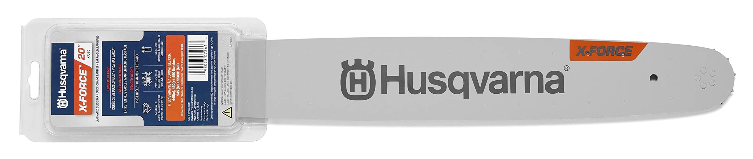 Husqvarna X-Force 20 Inch Chainsaw Bar product shot showcases durability and precise fit.