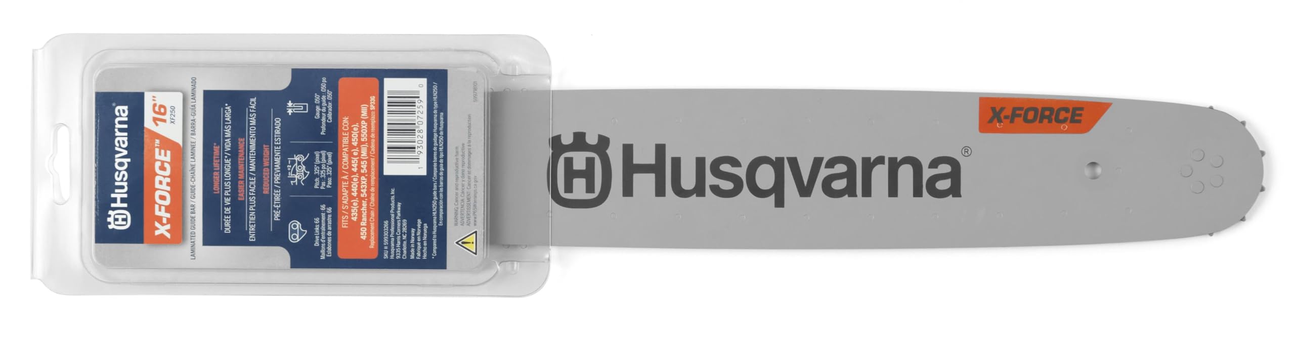 Husqvarna X-Force bearing system highlights durability and easier maintenance.