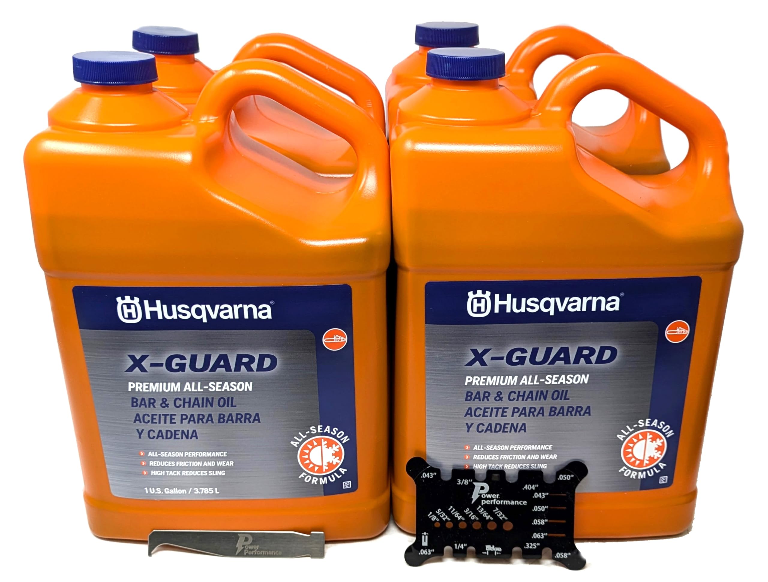 Husqvarna X-Guard bar and chain oil gallon case of four for consistent lubrication.