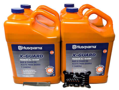 Husqvarna X-Guard bar and chain oil gallon case of four for consistent lubrication.