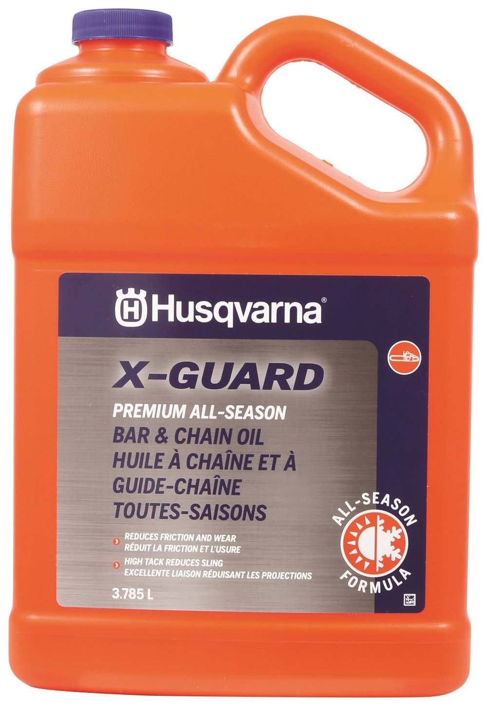 Husqvarna X-Guard Premium oil bottle pour for all-season chainsaw maintenance and reduced oil sling