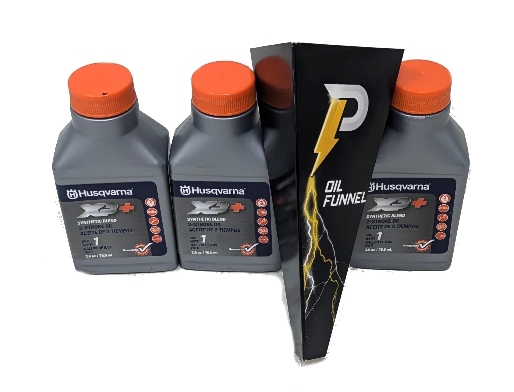 Husqvarna XP oil being poured into a gas container for field readiness.